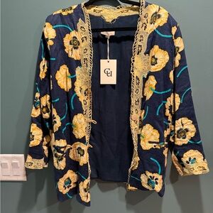 Chasing Unicorns Floral Embroidered Blazer - Navy and Yellow